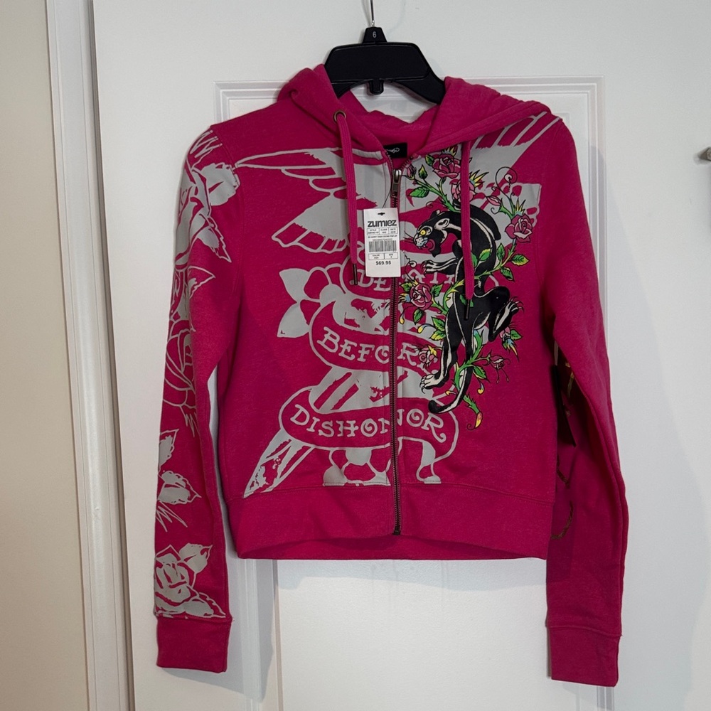 Ed Hardy Pink Zip-Up Hoodie with Floral & Panther Graphics